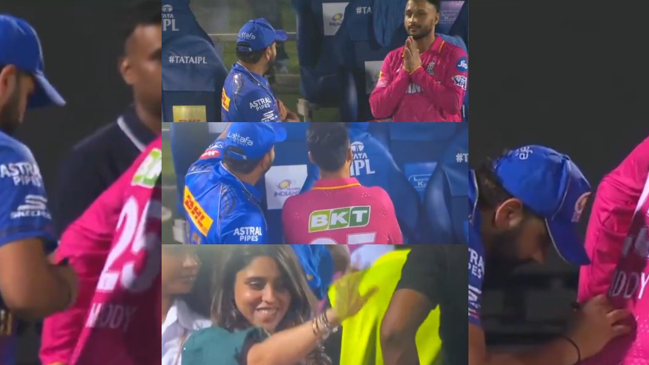 IPL 2025: WATCH- Akash Madhwal greets Rohit Sharma and Ritika with folded hands; Rohit signs his RR jersey