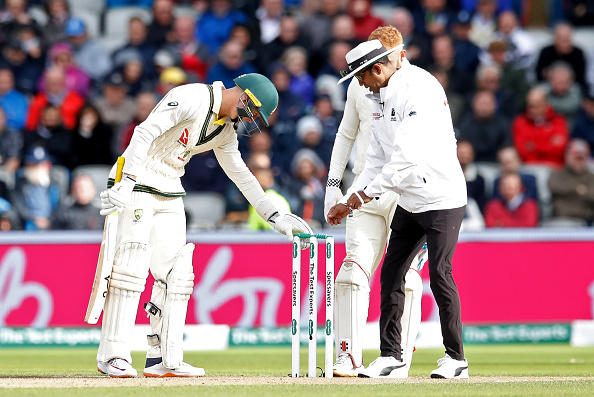 Labuschagne and an umpire puts bails on the stumps | Getty Images