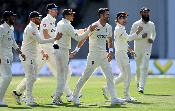 James Anderson celebrating wicket of Ajinkya Rahane on Day 4 | GETTY 