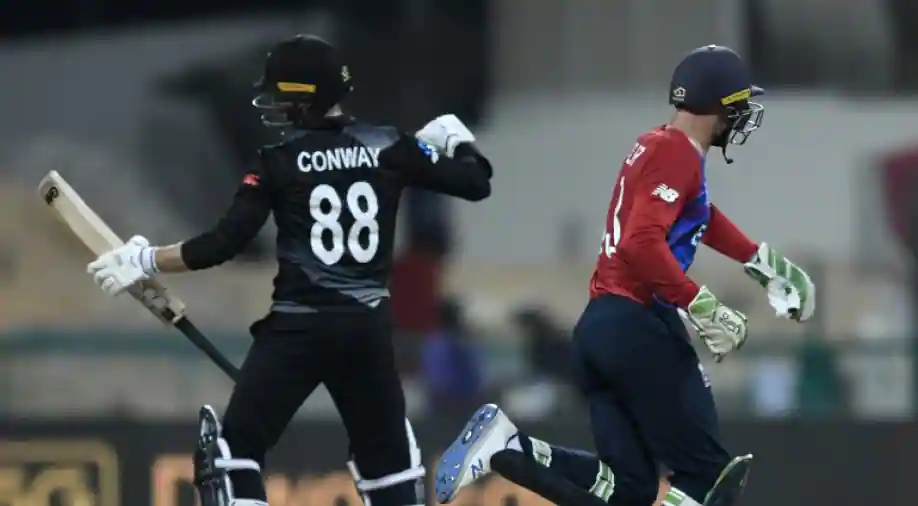 Devon Conway punches his bat in frustration after dismissal vs England | Getty 