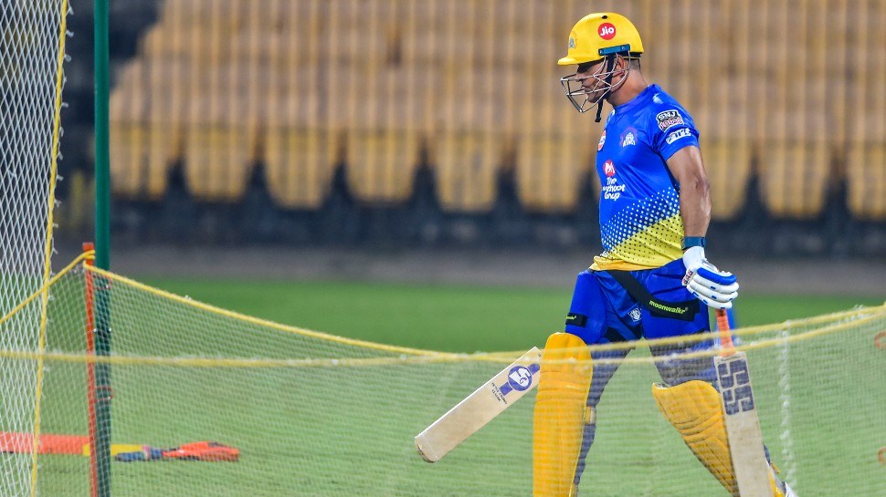 MS Dhoni entering the nets during the training session for CSK 