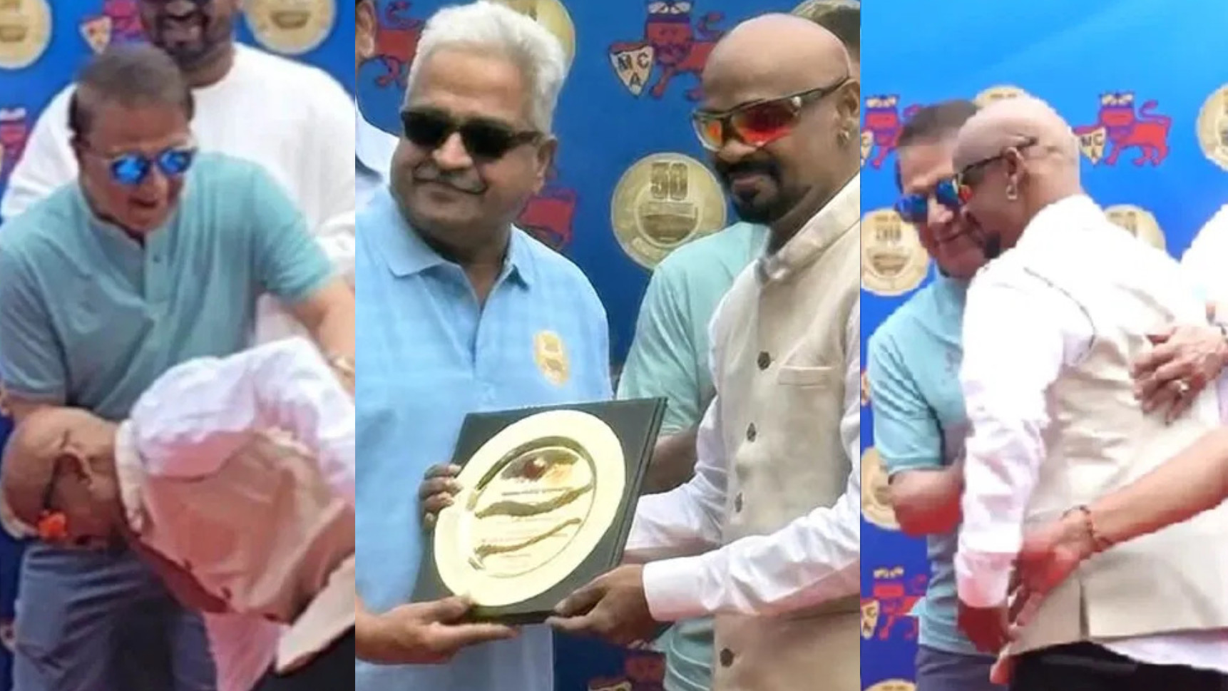 WATCH- Frail looking Vinod Kambli touches Sunil Gavaskar’s feet during felicitation ceremony at Wankhede Stadium