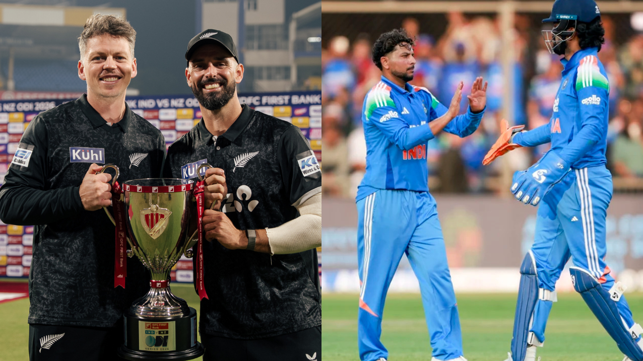 Daryl Mitchell, Michael Bracewell and Kuldeep Yadav | BlackCaps X/ Getty