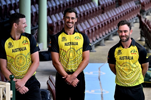 Hazlewood, Starc and Maxwell pose in the newly themed jerseys | Getty
