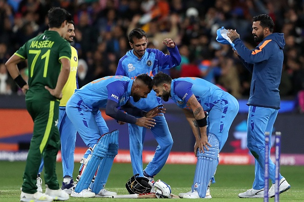 Indian players celebrate after beating Pakistan | Getty