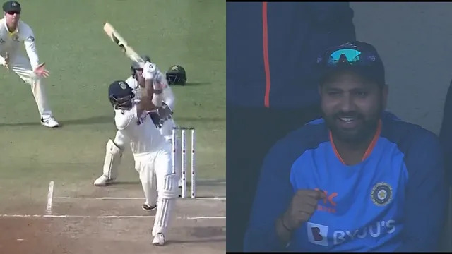 Rohit Sharma smiles as Pujara hits Lyon for a six | X