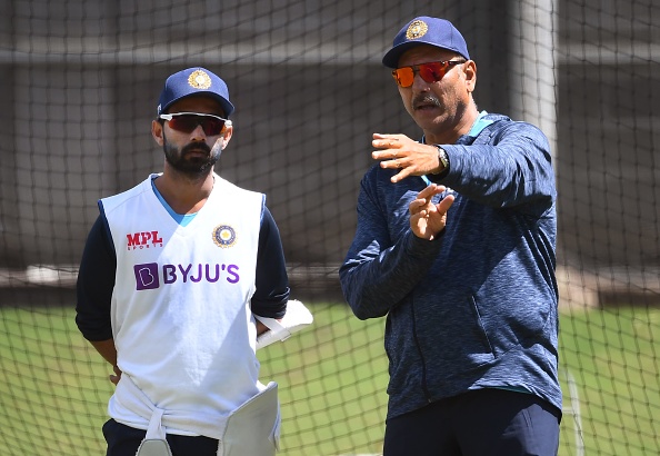 Ajinkya Rahane with coach Ravi Shastri during India Nets Session | Getty Images