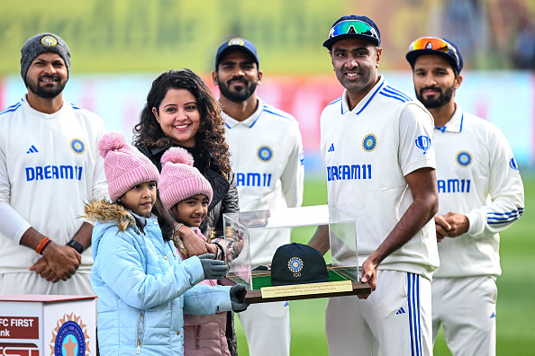 R Ashwin with his wife and kids on the occasion of his 100th Test match | Getty