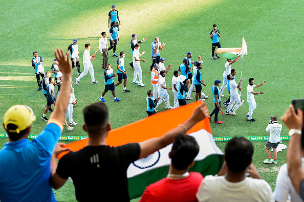 Ajinkya Rahane leading the India players and staff parade around the Gabba ground after series win | Getty Images