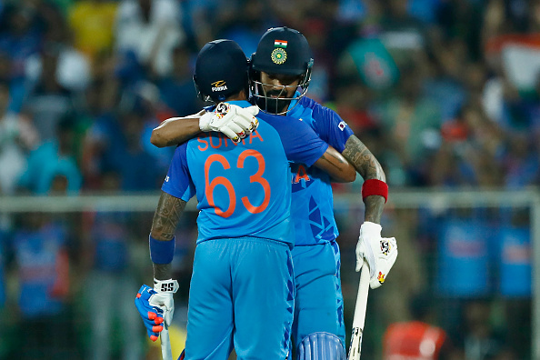 KL Rahul and Suryakumar Yadav celebrate after the victory in 1st T20I | Getty