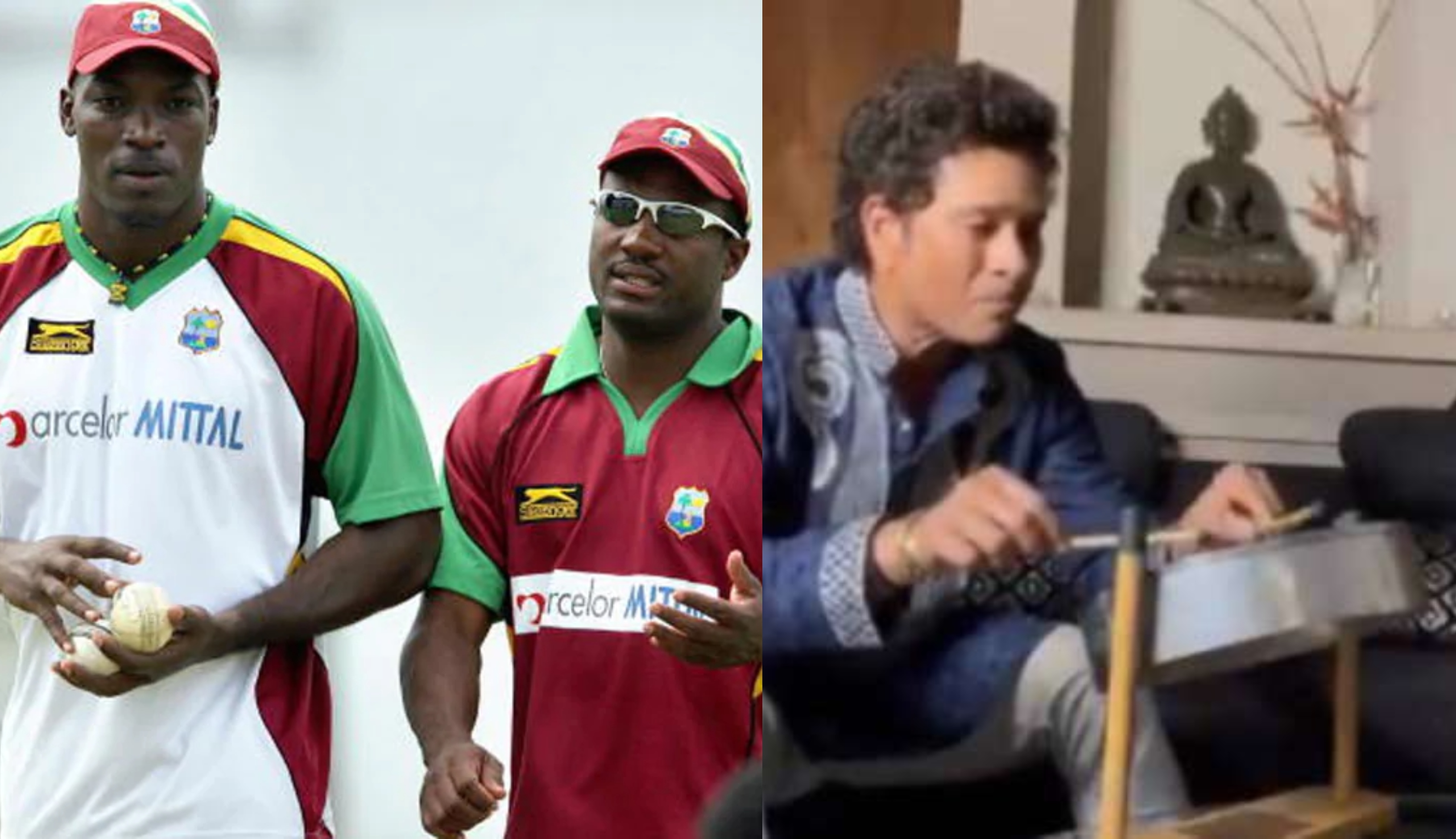 Sachin Tendulkar with the gift given by Brian Lara and Chris Gayle | AFP/Twitter