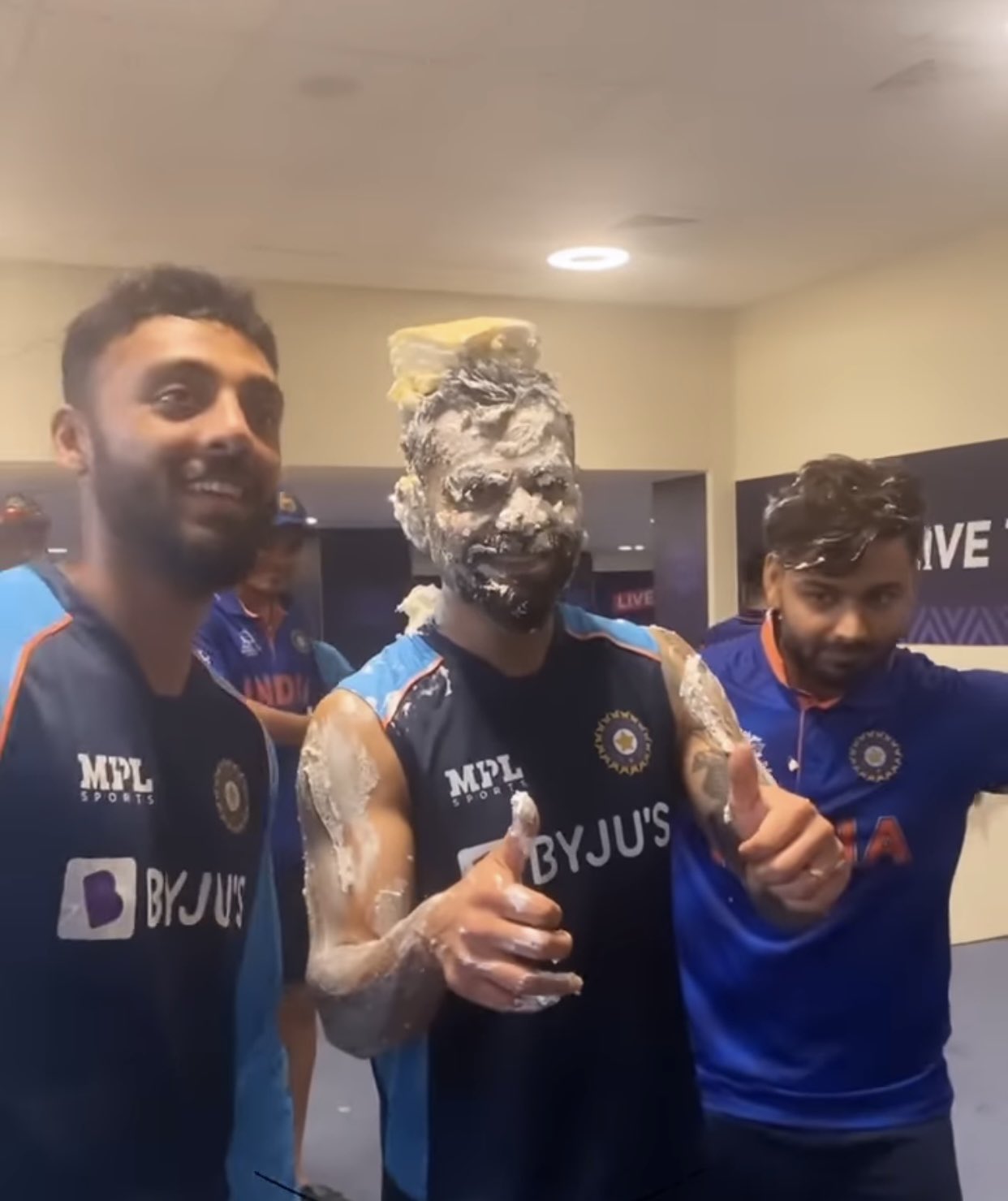 Virat Kohli after a cake facial from teammates 