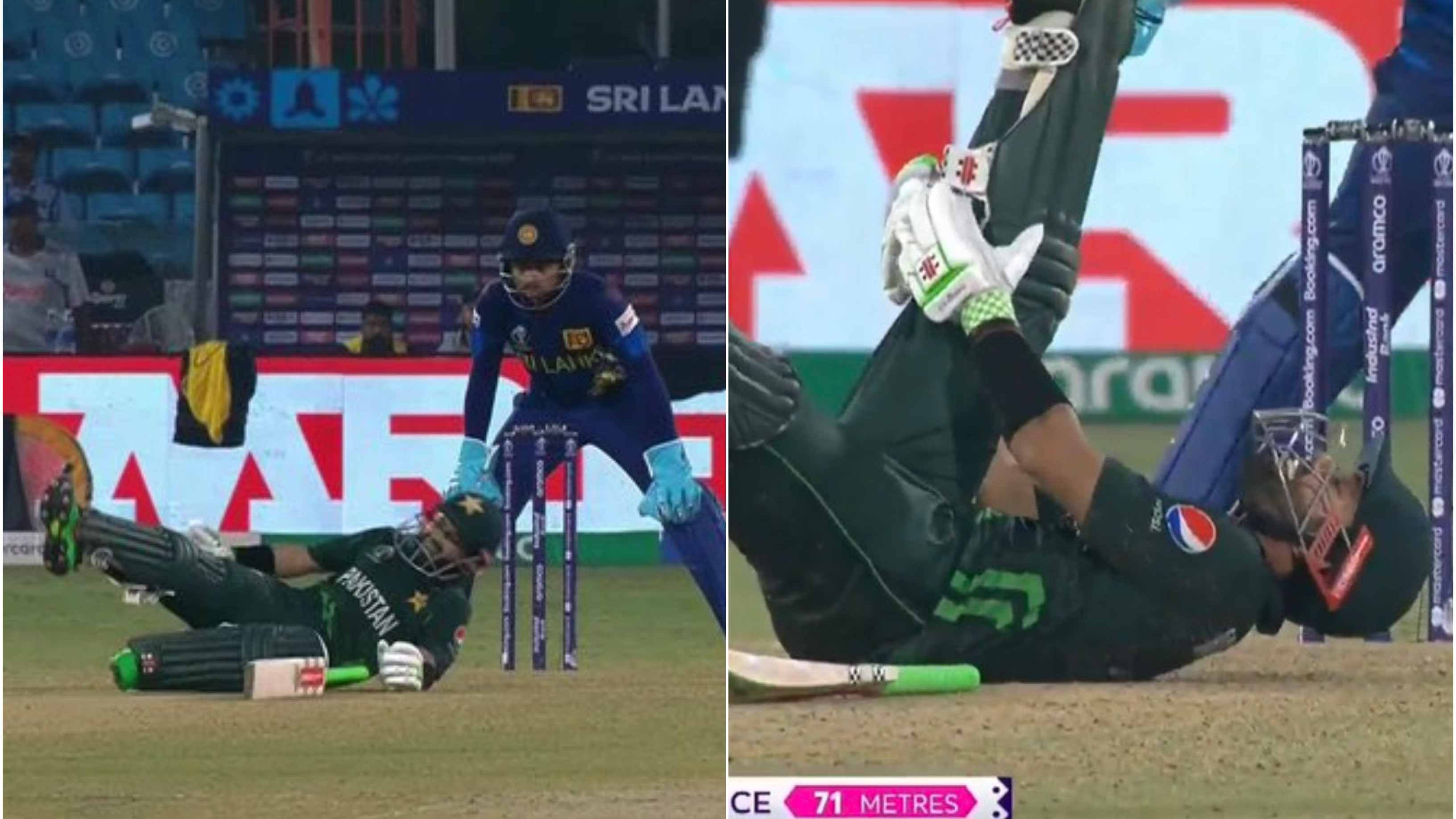 CWC 2023: WATCH – Commentators in splits as Rizwan falls down on the pitch after hitting a six due to cramps