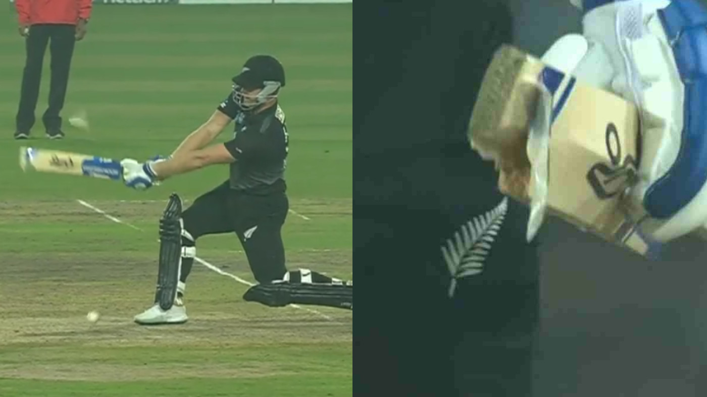 IND v NZ 2021: WATCH - Jimmy Neesham breaks his bat in an attempt to go for a big hit