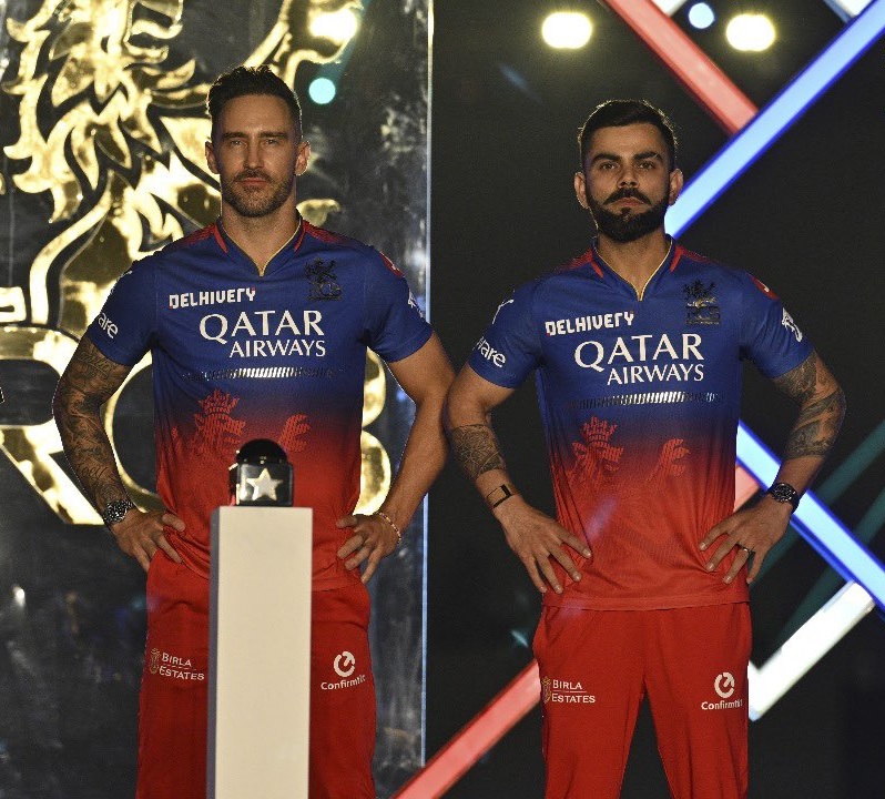 Faf du Plessis and Virat Kohli in the new design and color RCB jersey | RCB X