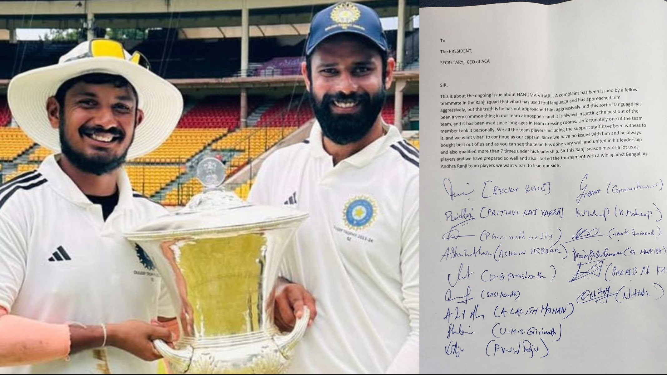 Hanuma Vihari shares letter of support from his Andhra teammates over issue of spat with teammate