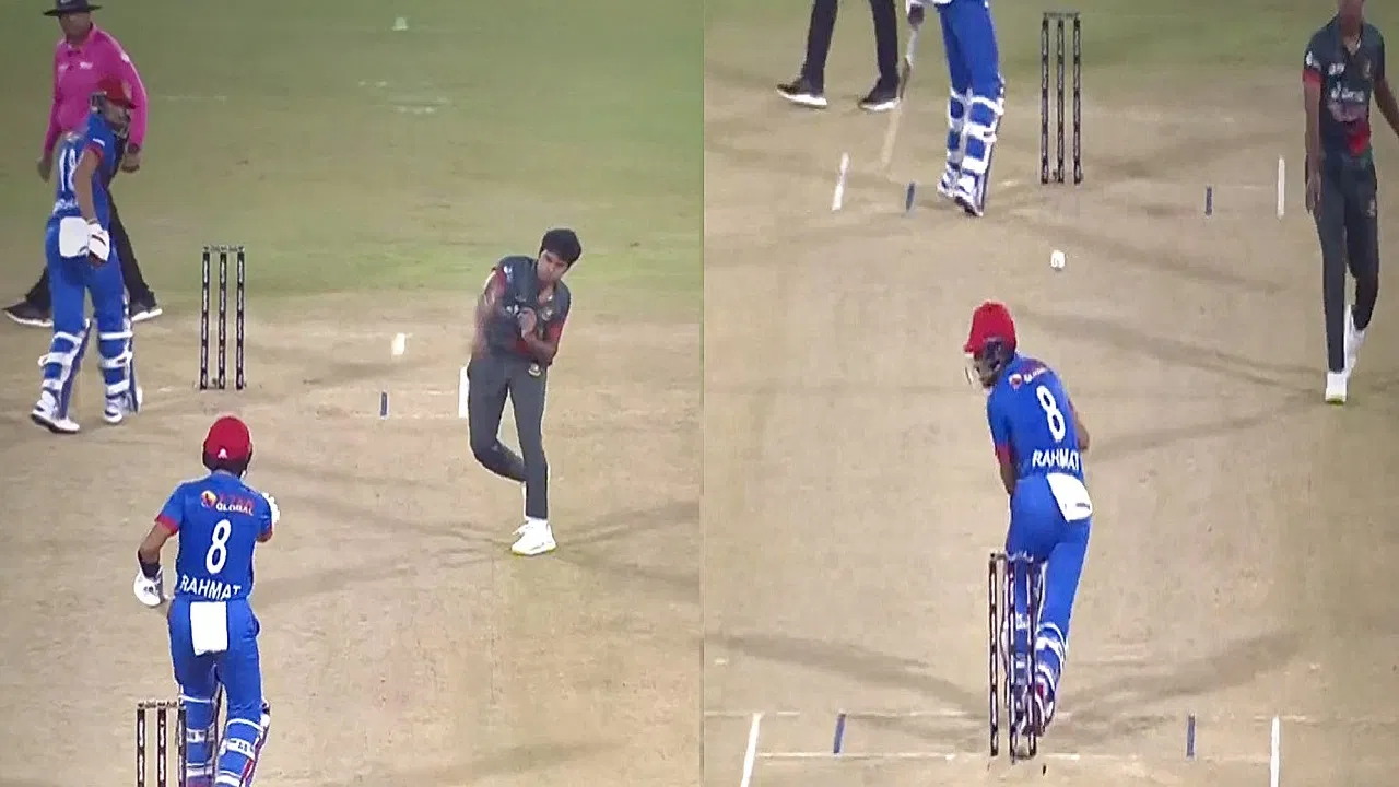 Hasan Mahmud threw the ball straight at Rahmat Shah | X