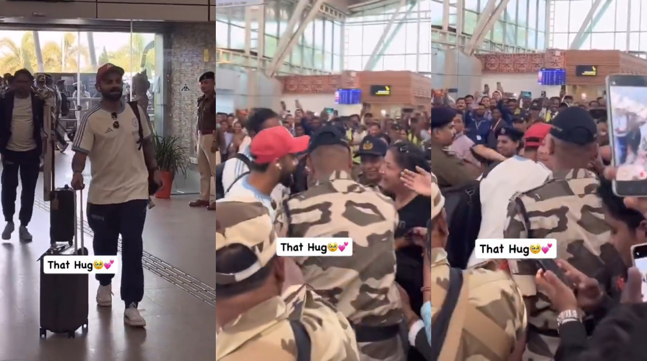 Virat Kohli hugs a lady at Bhubaneshwar airport | X
