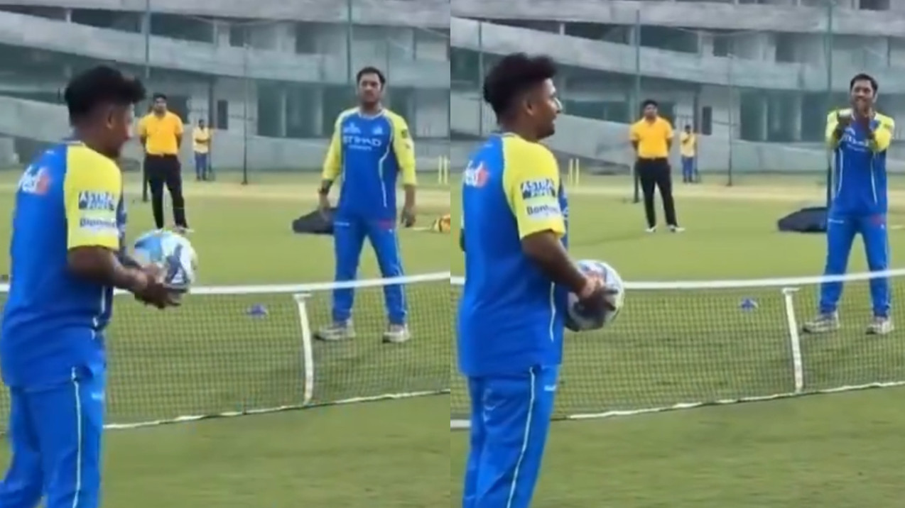WATCH- MS Dhoni’s hilarious reaction to Sarfaraz Khan’s funny mistake while playing football tennis in CSK camp