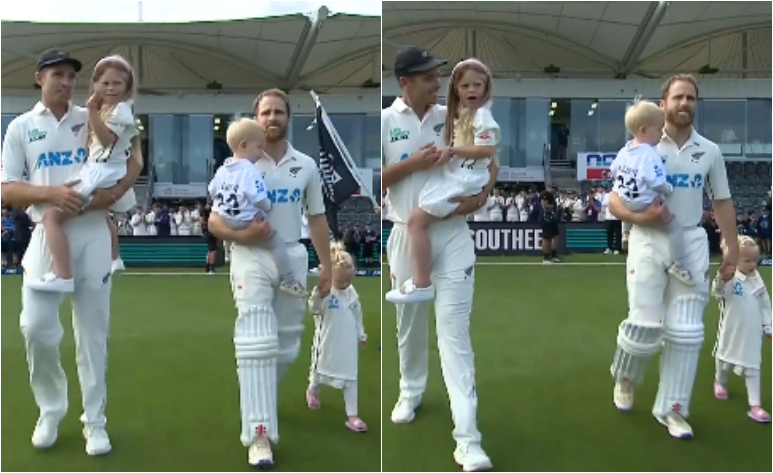 Kane Williamson and Tim Southee walking out with their kids | Screengrab/NZC