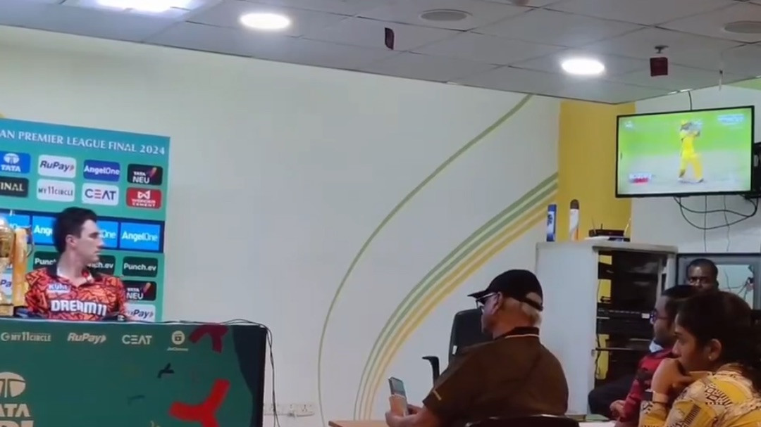 IPL 2024: WATCH – Cummins caught watching Dhoni's batting highlights during press conference, video goes viral