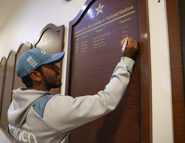 Rehan Ahmed writes his name on the Karachi stadium honors board after his record fifer | Getty