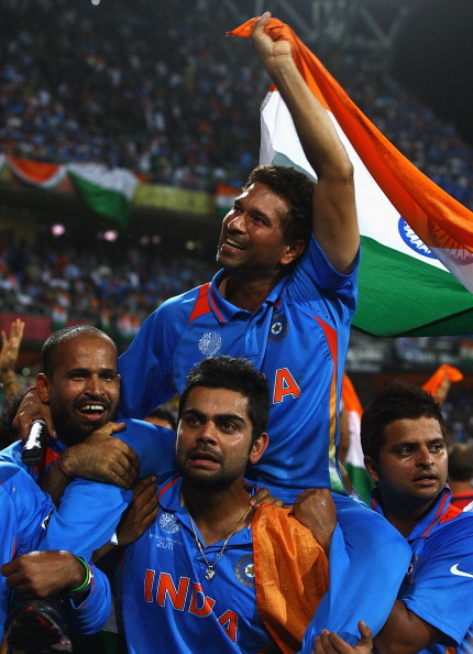 Virat Kohli carrying Sachin Tendulkar on his shoulder after winning the 2011 World Cup | Getty