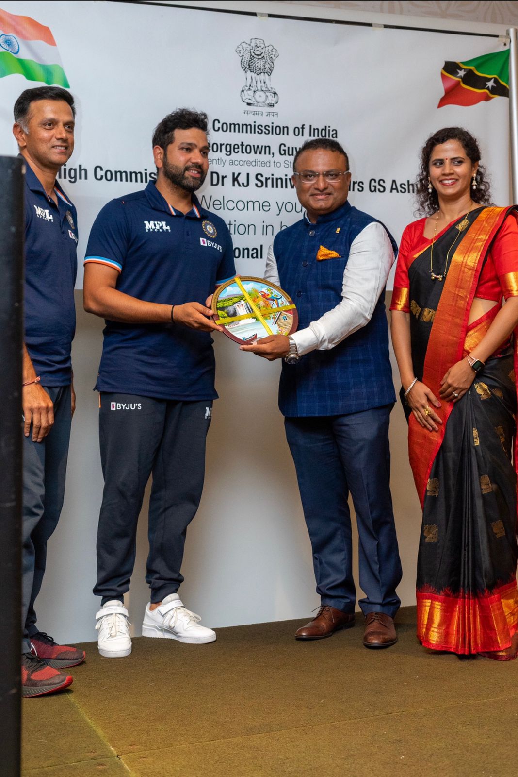 Rohit Sharma and Rahul Dravid being felicitated by High commissioner Dr. KJ Srinivasa | BCCI