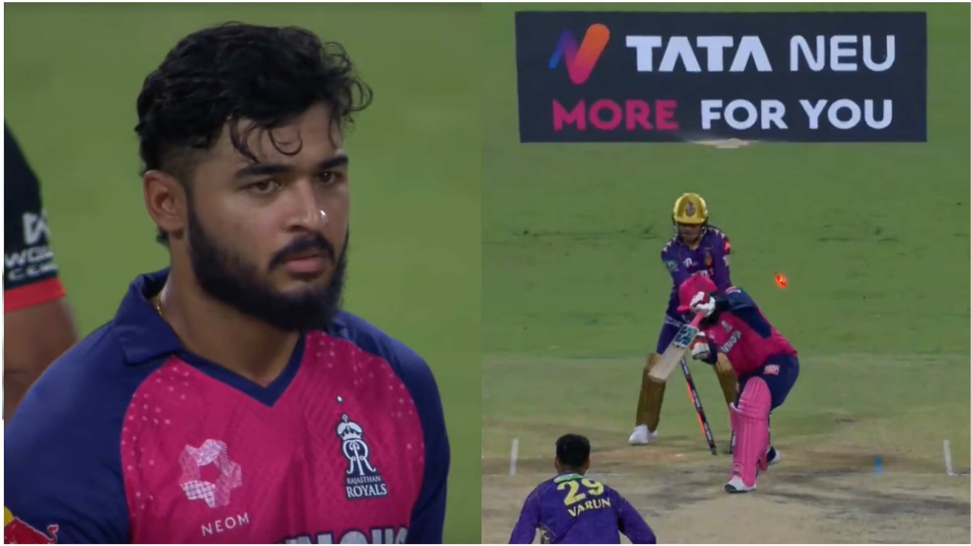 IPL 2025: WATCH – Angry Riyan Parag gives death stare to Hasaranga after latter gets knocked over by Chakaravarthy