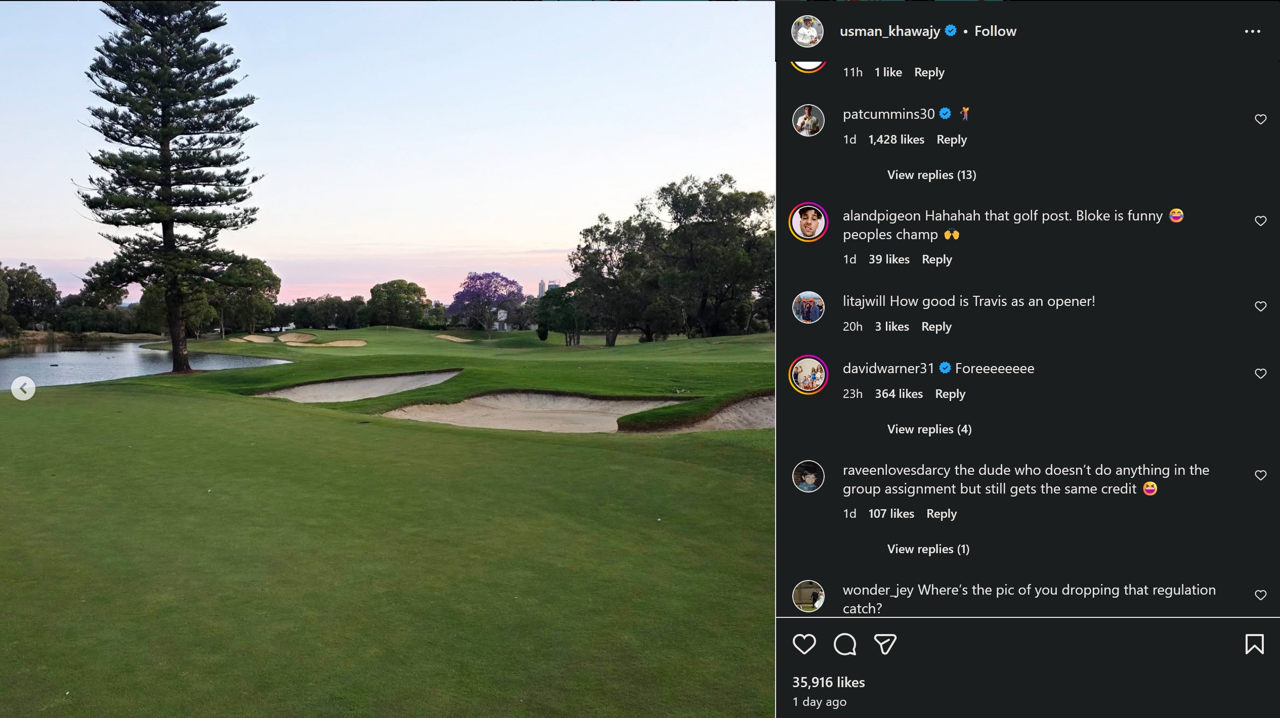 Usman Khawaja's golf course pic in Instagram post | Screengrab