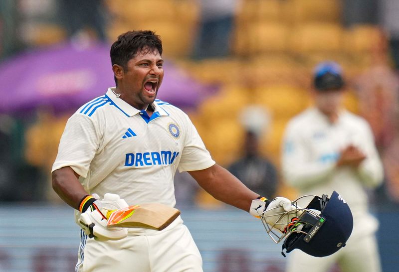 Sarfaraz Khan celebrates his Test century | Getty