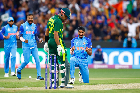 Arshdeep Singh celebrates after trapping Babar Azam LBW first ball | Getty