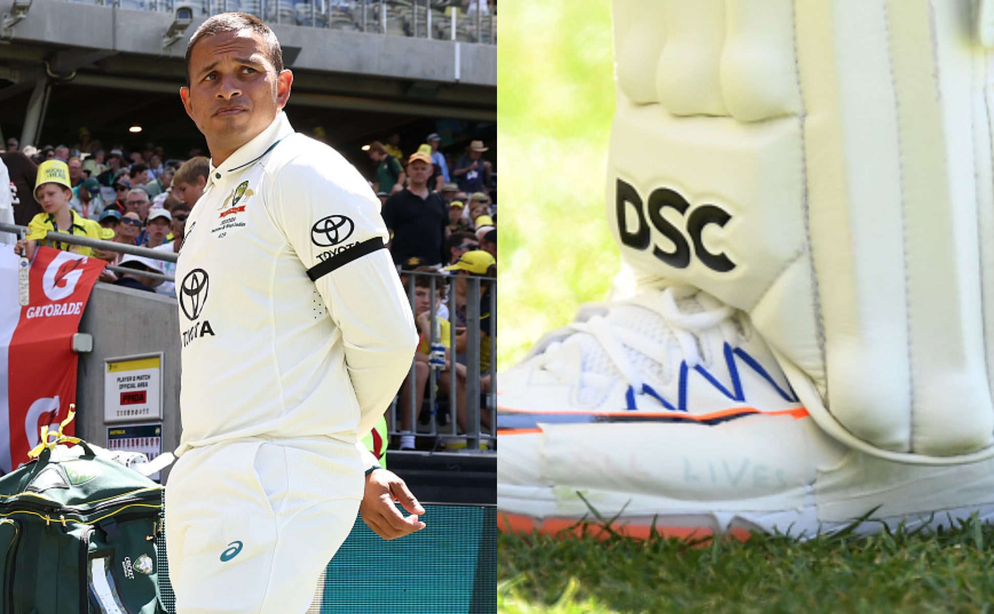 Usman Khawaja with black armband and tapes over slogans on his shoes | Getty