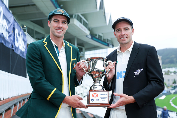 Pat Cummins and Tim Southee posing with the trophy ahead of Test series | Getty