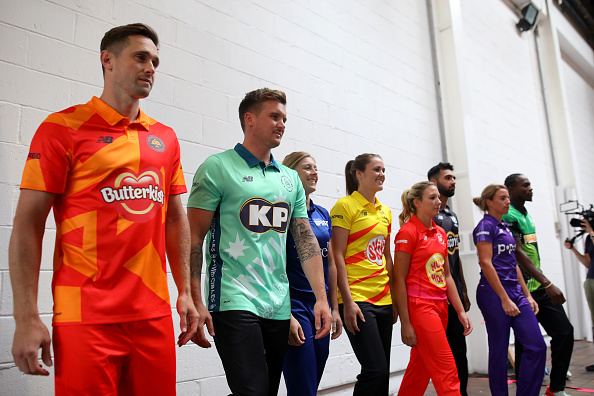 The eight mens and womens teams that will be competing in new 100 ball cricket. | (Photo by Charlie Crowhurst/Getty Images for ECB)
