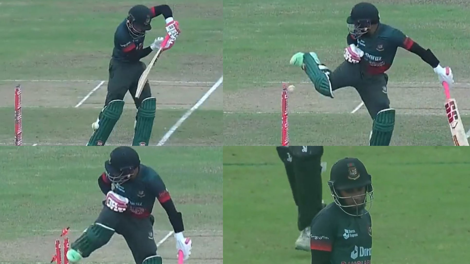 BAN v NZ 2023: WATCH- Mushfiqur Rahim bowled in hilarious fashion; tries to kick ball away, hits his own stumps