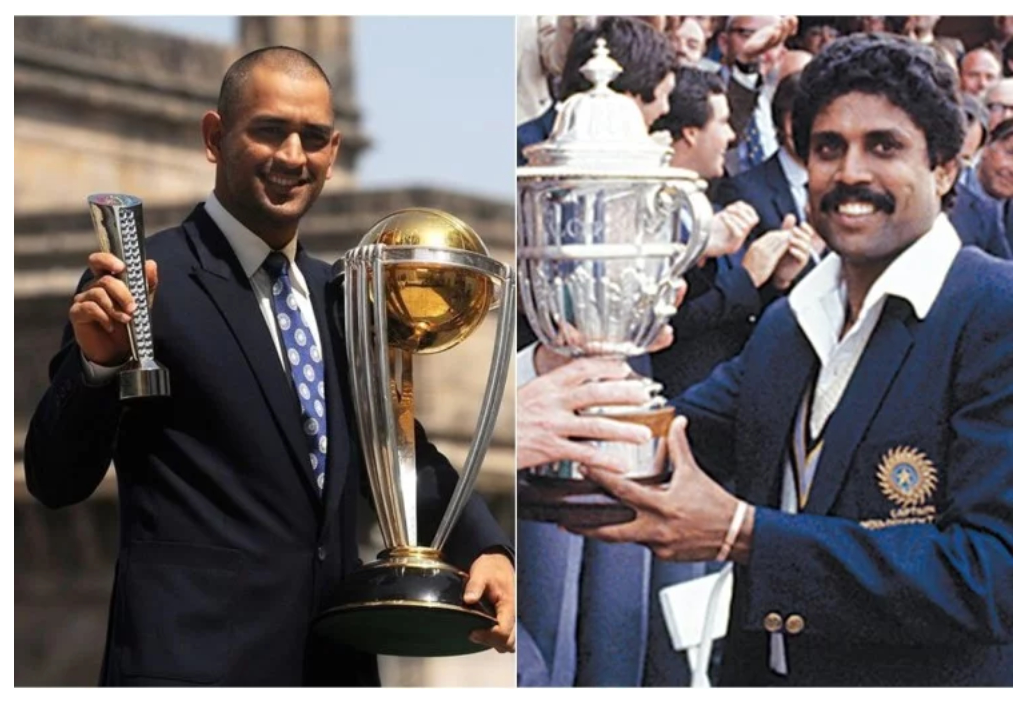 MS Dhoni and Kapil Dev with 2011 and 1983 World Cup 