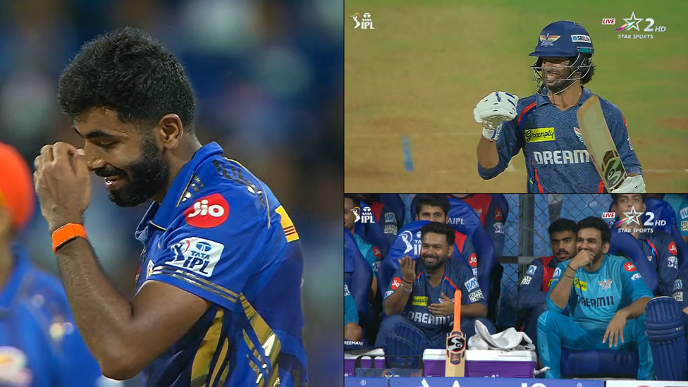 Bishnoi celebrates hitting Bumrah for a six during an IPL match | X