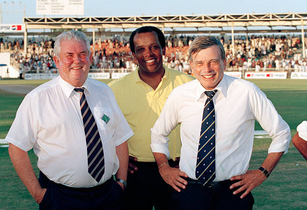 Umpires David Shephred, John Holder and Dickie Bird in a game in Sharjah in 1993. (photo - Getty) 