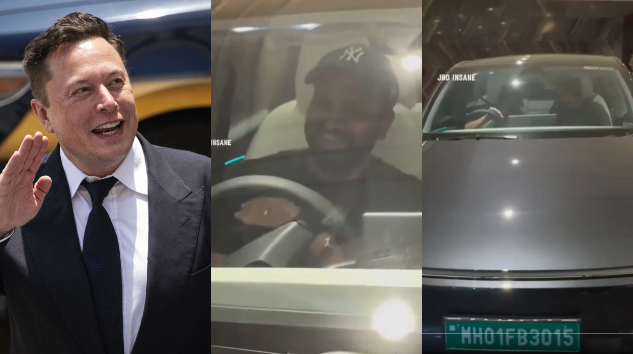 Elon Musk, Rohit Sharma driving a Tesla | X