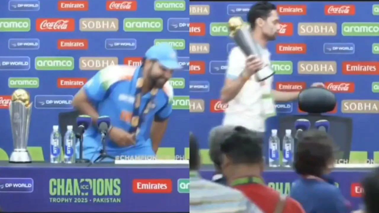 CT 2025: WATCH- Rohit Sharma’s ultimate act of absent mindedness; forgets Trophy after press conference