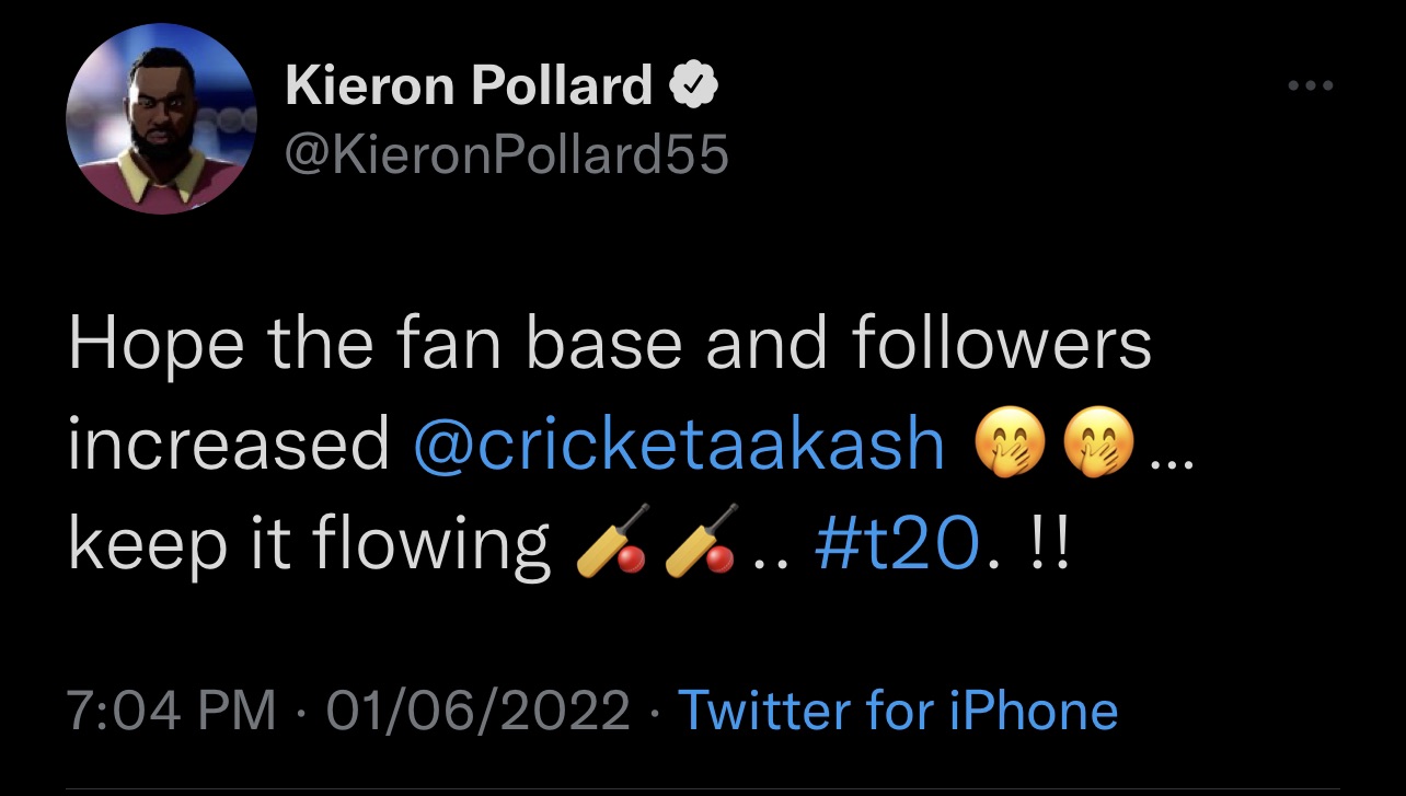 Kieron Pollard's now deleted tweet taking a subtle dig at Aakash Chopra's opinions on his IPL future