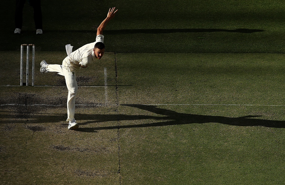 Josh Hazlewood bowling on the new Perth Stadium pitch | Getty