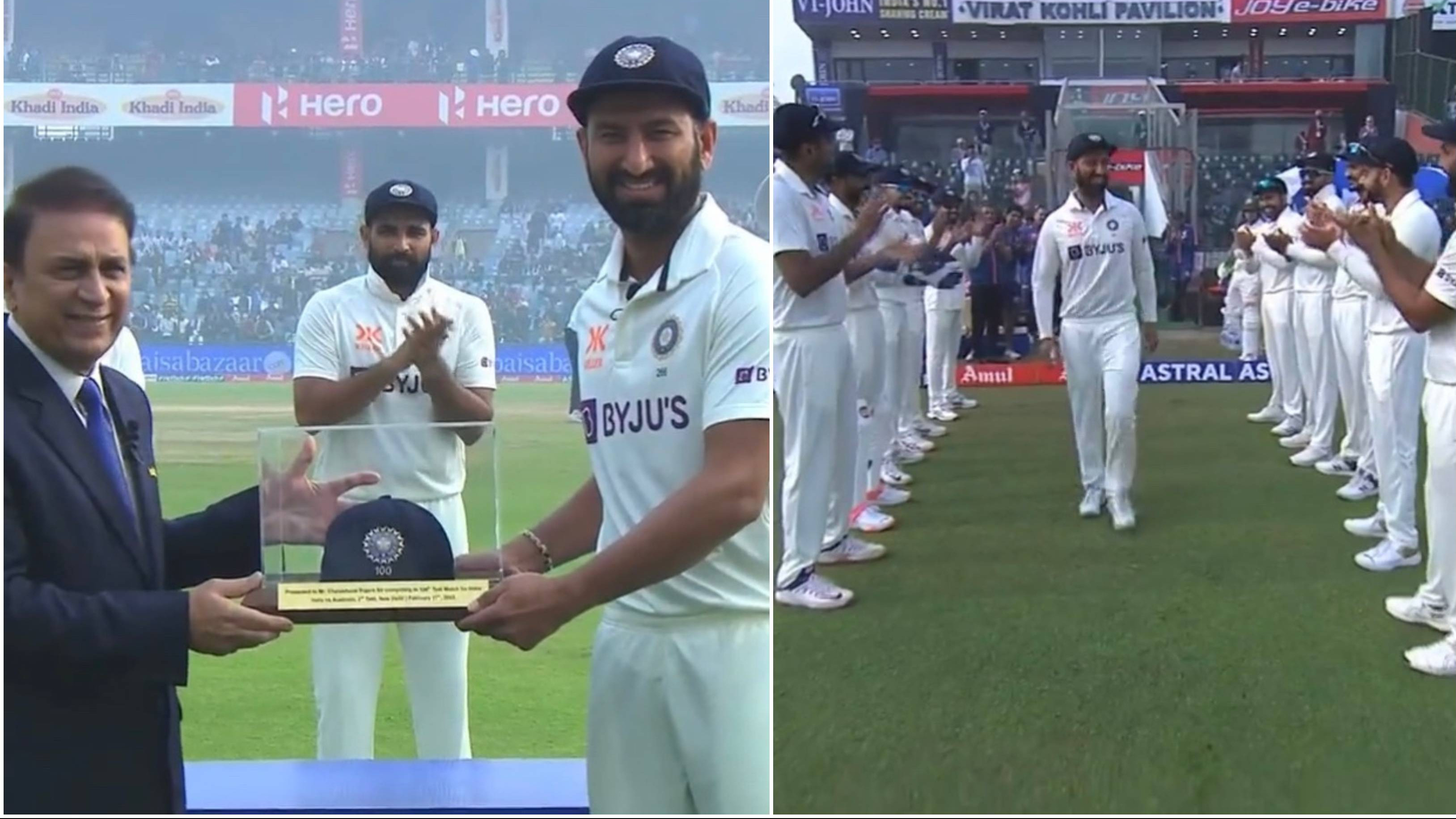 IND v AUS 2023: WATCH - Pujara felicitated by Gavaskar on his 100th Test, receives ‘guard of honour’ from his teammates