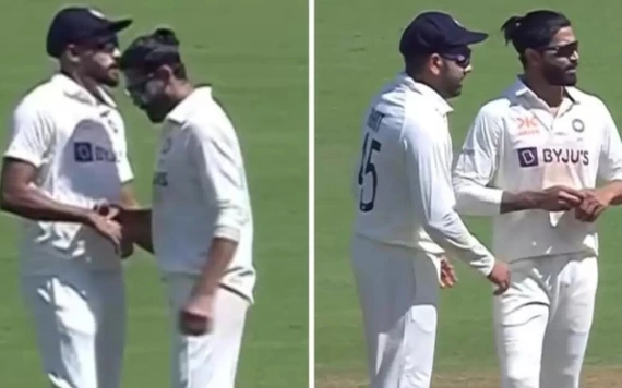 Jadeja applying some cream to his bowling finger with the ball in his hand | Twitter