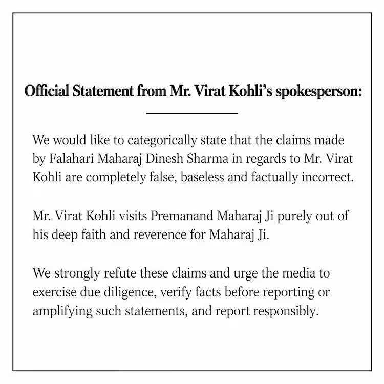 Official statement from Virat Kohli's team