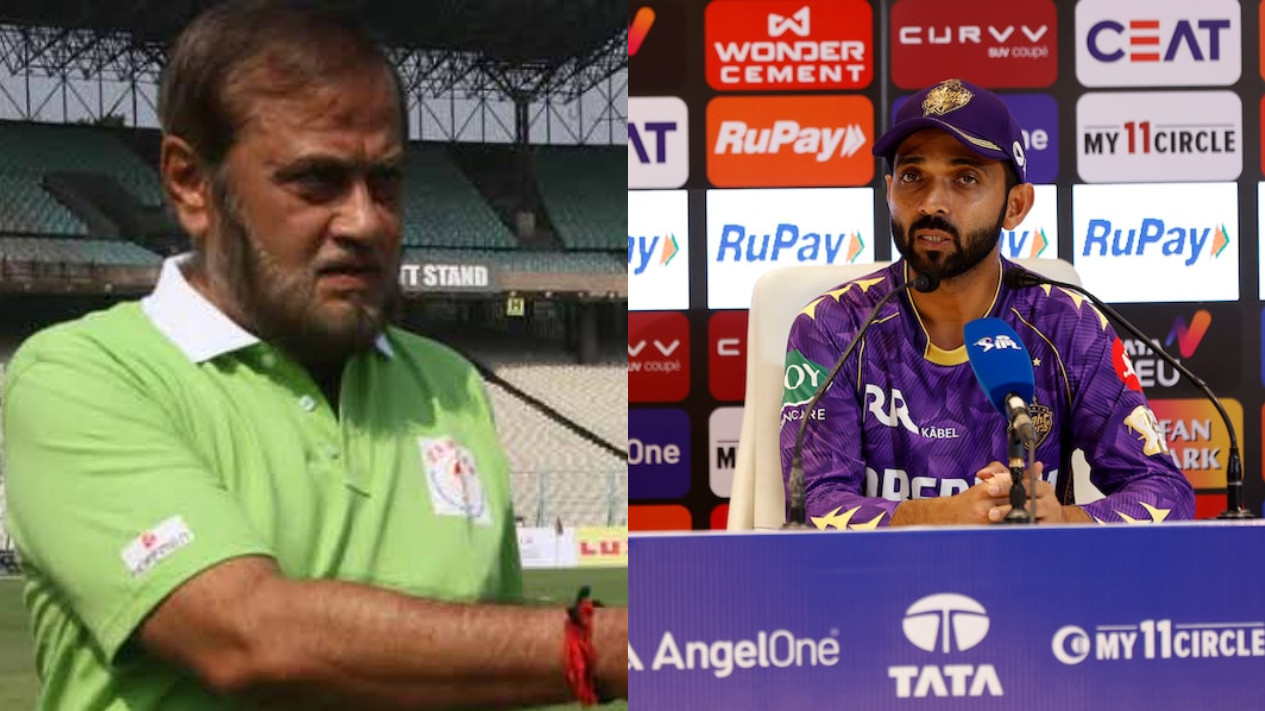 Eden Gardens pitch curator Sujan Mukherjee and KKR captain Ajinkya Rahane | X