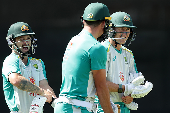 Matthew Wade with Marnus Labuschagne and Moises Henriques during Australia's ODI Net Session | Getty Images