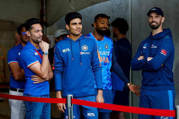 Shubman Gill with other players watching rain pouring in Wellington | Getty