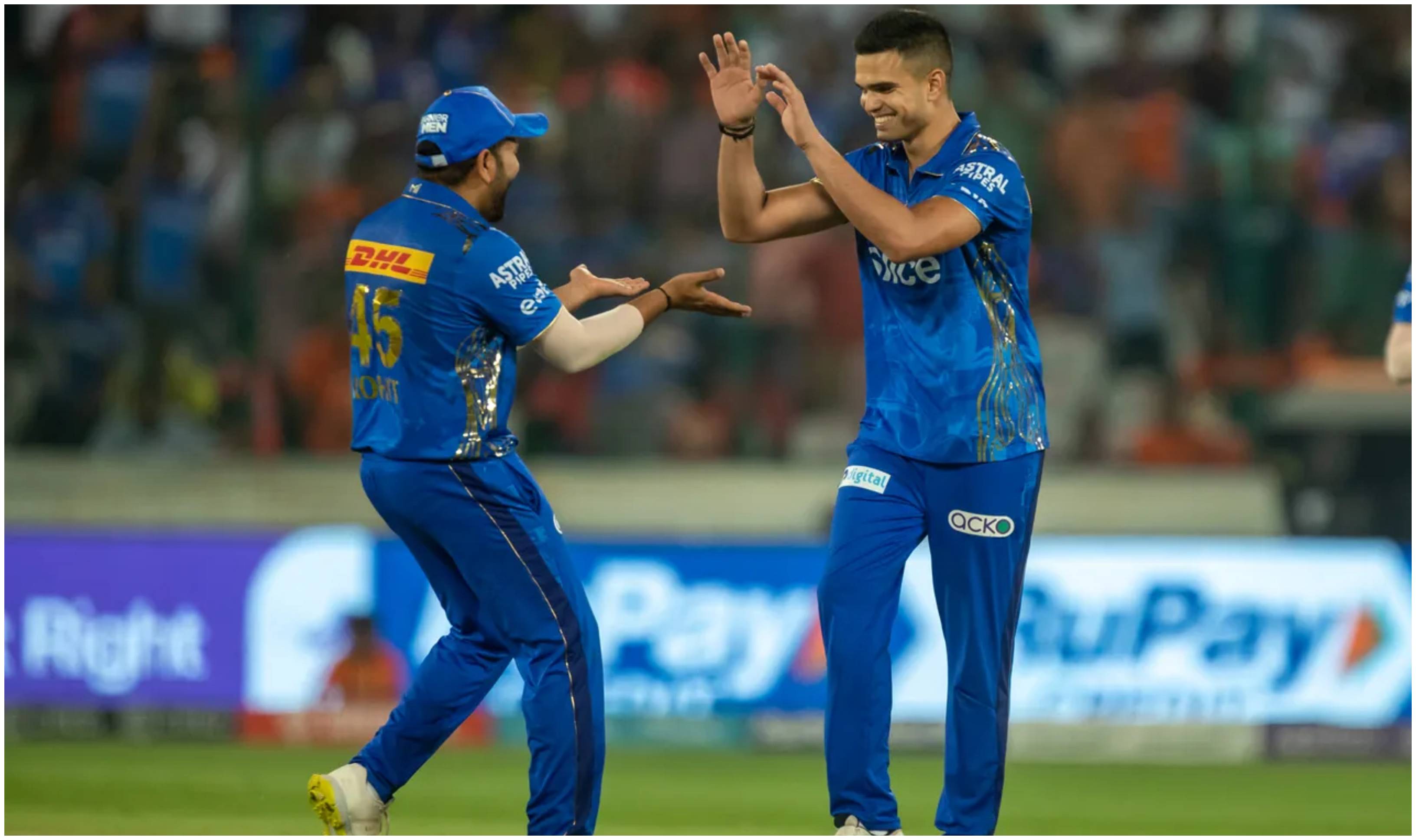 Arjun Tendulkar celebrates his maiden IPL wicket with Rohit Sharma | BCCI-IPL